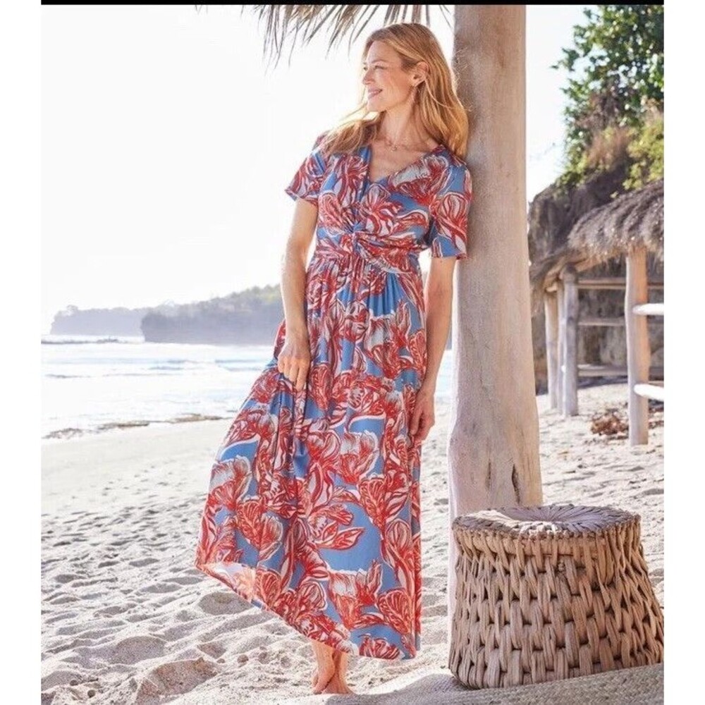 Soft Surroundings Spritzer Maxi Dress Women’s Medium Floral Stretchy Knit Resort